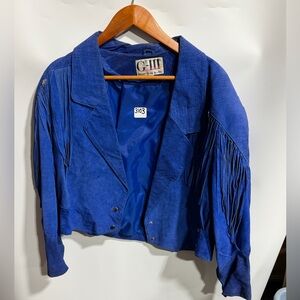 #3103-Vintage G-III Women's Royal Blue Suede Fringe Jacket and skirt set